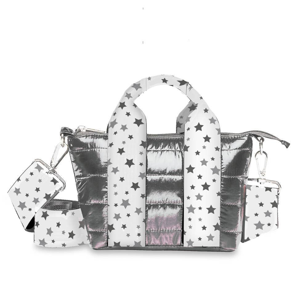 Top Trenz Gunmetal Puffer Tiny Tote Snowflake Star Straps - Blissful Bundlz