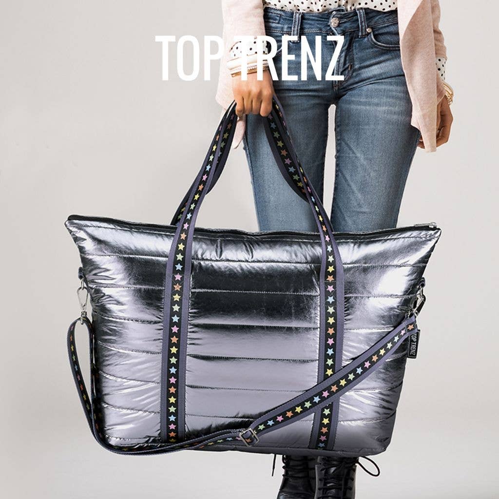 Top Trenz Gunmetal Puffer Tote Multi Star Straps - Duffle Bag