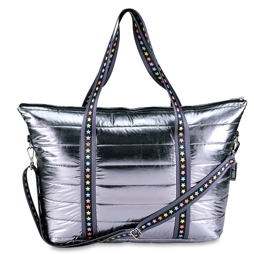 Top Trenz Gunmetal Puffer Tote Multi Star Straps - Duffle Bag
