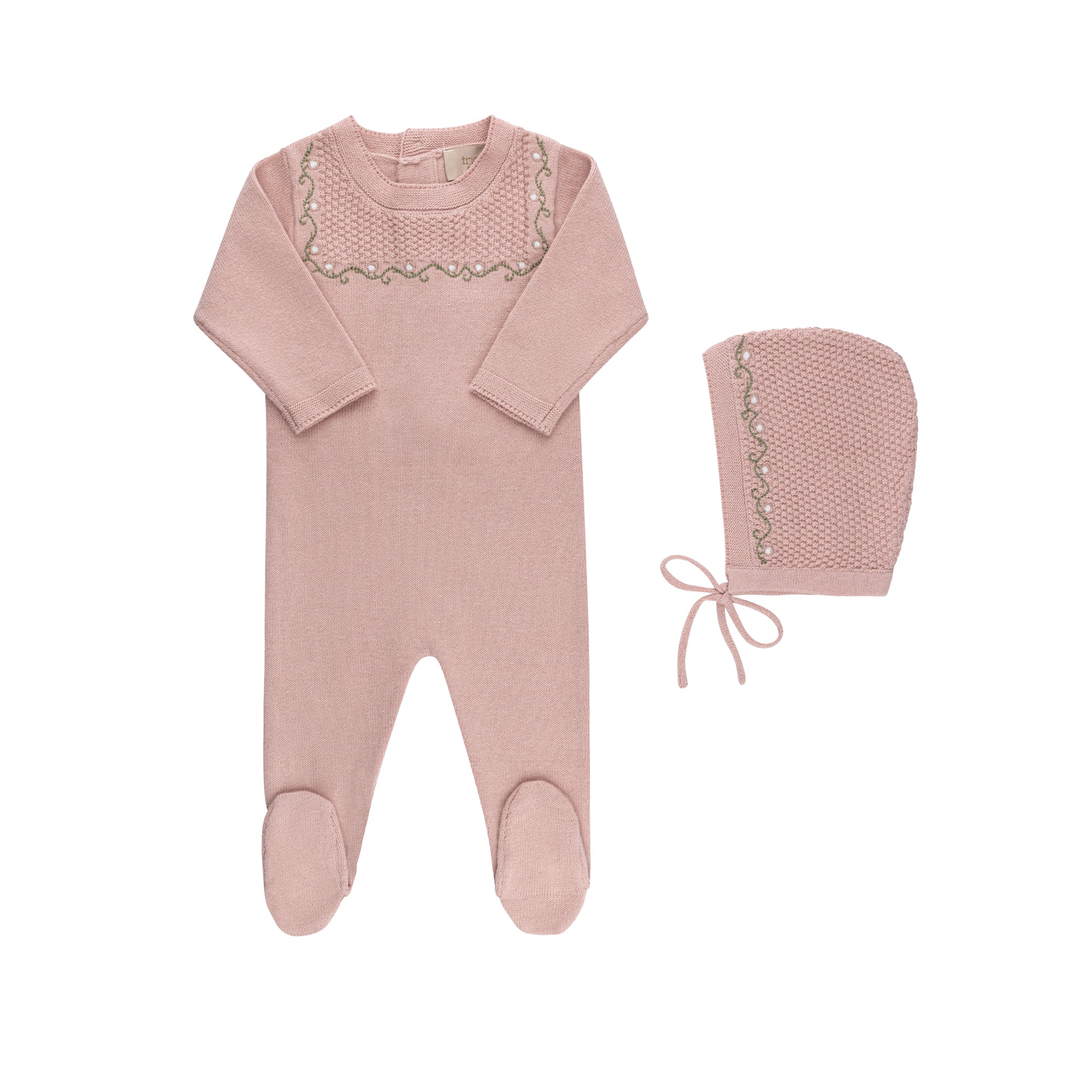 Tricot Bebe Knit Embroidered Footie & Bonnet - Blissful Bundlz