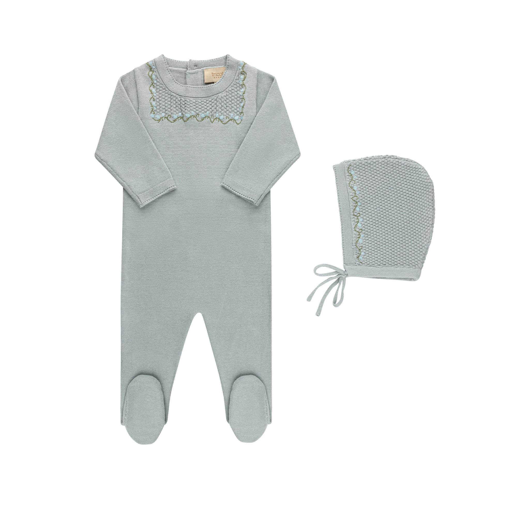 Tricot Bebe Knit Embroidered Footie & Bonnet - Blissful Bundlz